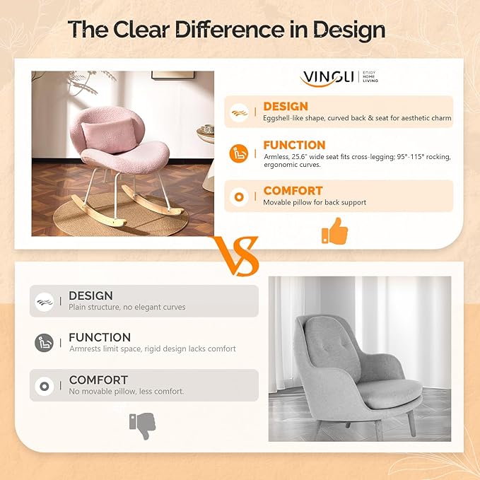 VINGLI 25.6 Extra Wide Nursery 115° Armless Rocking Chair Curved Cute Cross-Legged Glider Chair with Pillow &amp Solid Wood Nursing Chair for Bedroom Living Room Teddy Fleece Pink