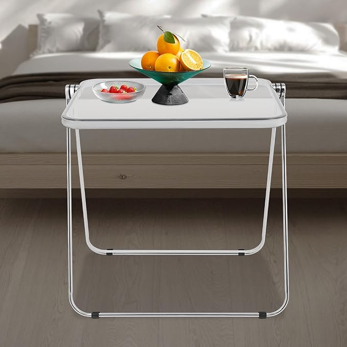 Folding TV Tray Table Acrylic Foldable Desk No Assembly Required Mini Folding Desk for Home Office Living Room Bed Room Outdoor (Silver + Clear)