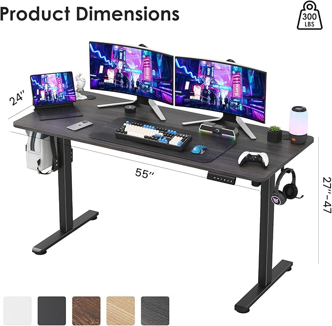 Soohow Electric Standing Desk 55 * 24 Inches Adjustable Computer Gaming Desk Stand up Office Desk for Home Office Bedroom Splice Board Dark Grey and Black