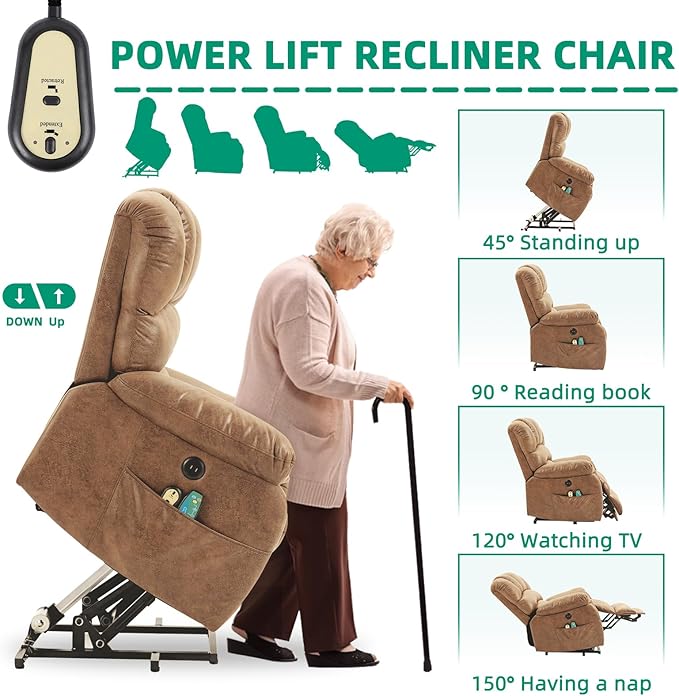 VIVIJASON Tall Man Large Power Lift Recliner Chair with Extended Footrest for Elderly Overstuffed Wide Electric Lift Chair with Heat &amp Massage 2 Remote Controls Side Pockets &amp USB Ports Sa