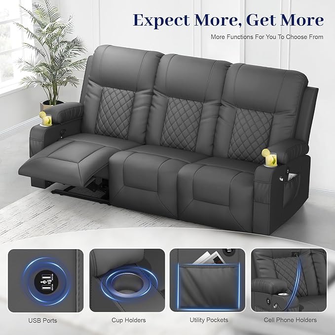YONISEE 3 Seat Recliner Sofa Large Reclining Sofa with Storage Drawer Manual Recliner Couch with USB Ports 2 Cell Phone Holder 3 Seater Loveseat Recliner Couch for Living Room | Cell Phone Holder