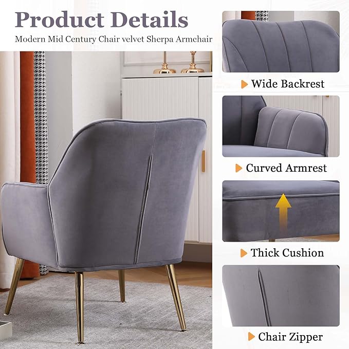 Accent Chair with Arms Arm Chair with Gold LegsVelvet Upholstered Reading Chair with Back for Living Room Bedroom (Grey 2)