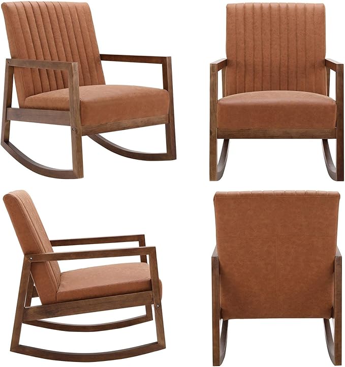 Mid Century Rocking Chair with Wood Frames Faux Leather Upholstered Farmhouse Living Room Chair for Living Room Bedroom Burnt Orange