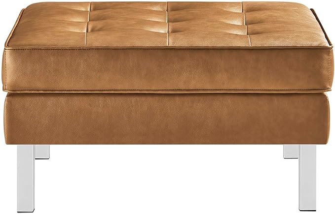 Modway Loft Tufted Button Faux Leather Upholstered Square Ottoman in Silver Tan
