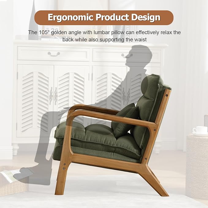 INZOY Mid Century Modern Accent Chair with Wood Frame Upholstered Reading Armchair with Waist Cushion Double Padded Accent Chair Side Chair for Living Room Bedroom Office Easy Assembly Green