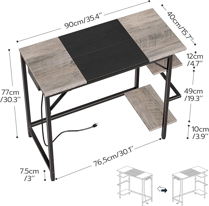 HOOBRO Computer Desk Home Office Desk with Power Outlet Writing Desk with 2 Shelves Modern Small Desk for Home Office Study Easy to Assemble Charcoal Gray and Black BG43UDN01