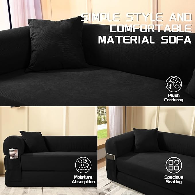 4-in-1 Folding Convertible Sofa Bed 80 Inch Oversized Corduroy Boneless Couch Loveseat Sleeper with Pull Out Bed Floor Sofa Modular Futon Teddy Sofa for Living Room Bedroom Lounge Light Green