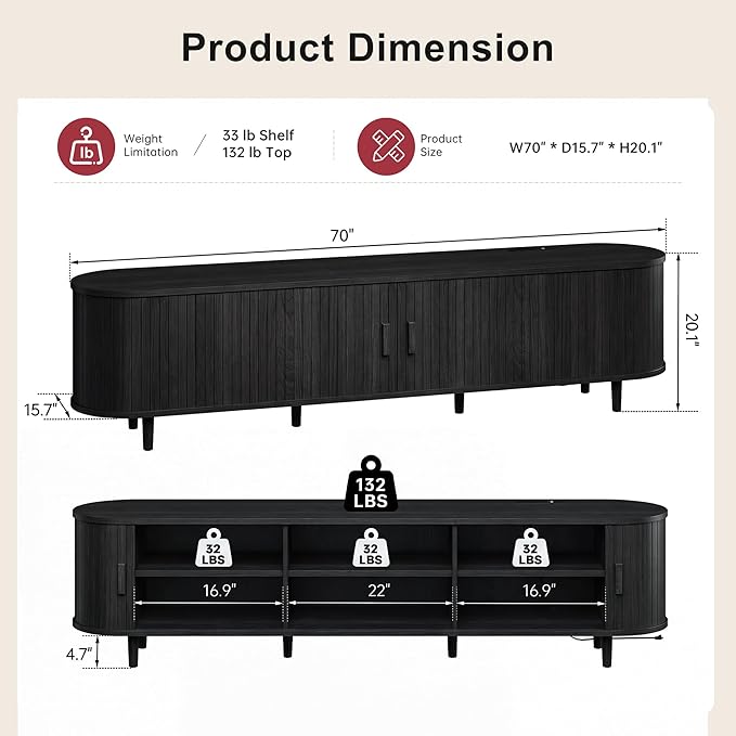 70 Mid Century Modern TV Stand Wood TV Consoles with Sliding Doors and Power Outlet Fluted Entertainment Center with Adjustable Shelves Media Console for Living Room Black
