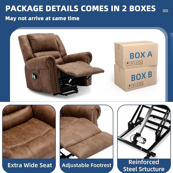 Power Lift Recliner Chair for Elderly with Massage and Heat Electric Recliner Chair with Rivet Decoration 2 Remote Controls Side Pockets &amp USB Ports for Home Office (Nut Brown)