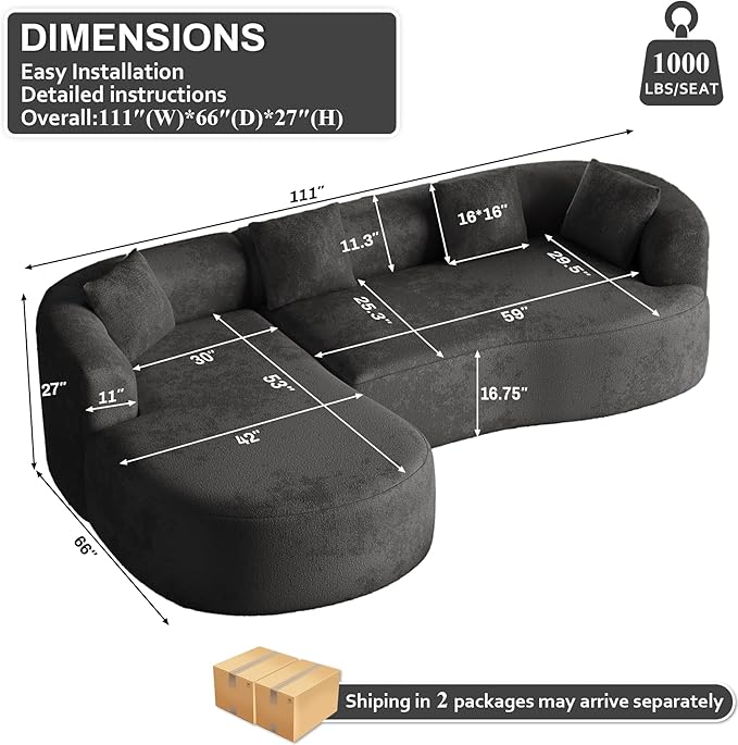 Oversized Sectional Sofa with Left Chaise for Living Room 111 Modern Curved L Shape Cloud Couch with Extra Deep Seat Modern Luxury Chenille 4 Seater No Assembly Required Black
