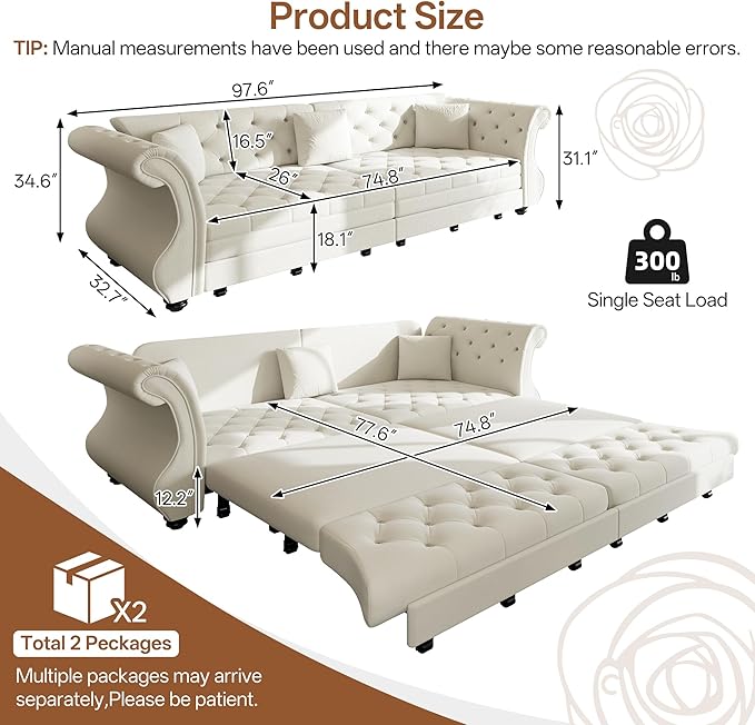 97.6'' Sleeper Sofa Bed King Size Flower Tufted Pull Out Couch Velvet Chesterfield Futon Couches Modern 4 Seater Convertible Sofa 3 Pillows for Living Room Apartment Offices Beige