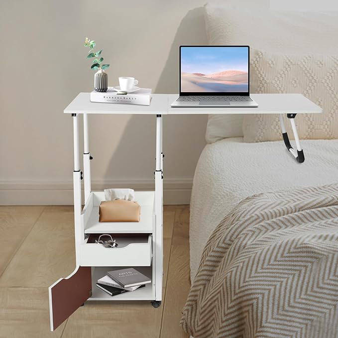 Home Office Desk with Wheels Movable Bedside Table with Plastic Drawers Height Adjustable Over Bed Desk for Laptop White for Home Office Study (White)