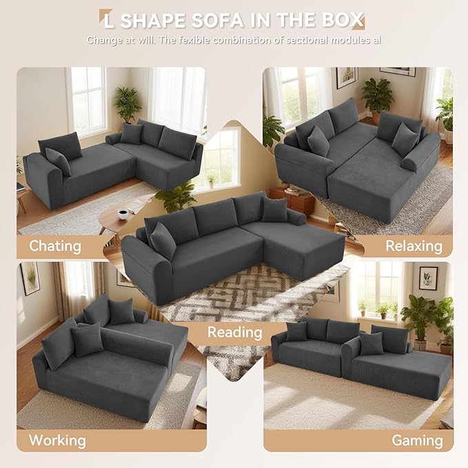 103 Modular Sectional Sofa with Chaise Cloud Sectional Couch with Deep Seat Modular L-Shape Sofa Corduroy Boneless Couch for Living RoomBedroomNo Assembly Required(Dgray Right Facing Chaise)