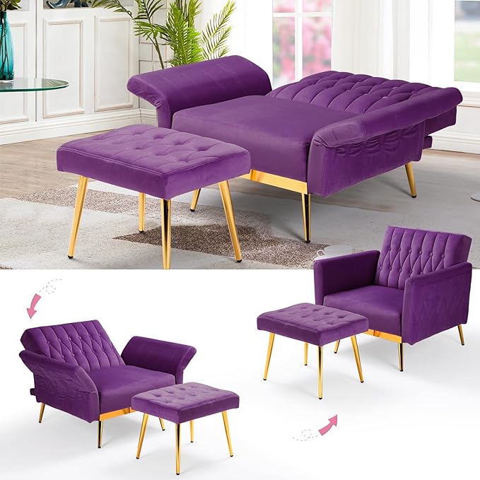 2 Pieces Velvet Sofa Set with Adjustable Armrest and Backrest 70” Convertible Futon Sofa Bed &amp Mordern Accent Chair with Ottoman for Living Room Bedroom Purpel