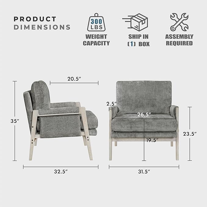 Lexicon Living Room Accent Chair with Wire-Brushed Light Brownish-Gray Wood Frame Chenille Upholstered Arm Chair with Wrapped Arm Rest Thick Seat Cushion Brownish Gray