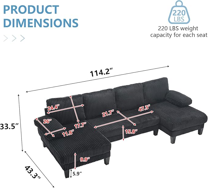 114 Cloud Couch Modular Sectional Sofa Convertible U-Shaped Couches with Double Chaise Lounge Corduroy Upholstery Sofas Double Cushions Deep Seat Sleeper Couchs for Living Room Black