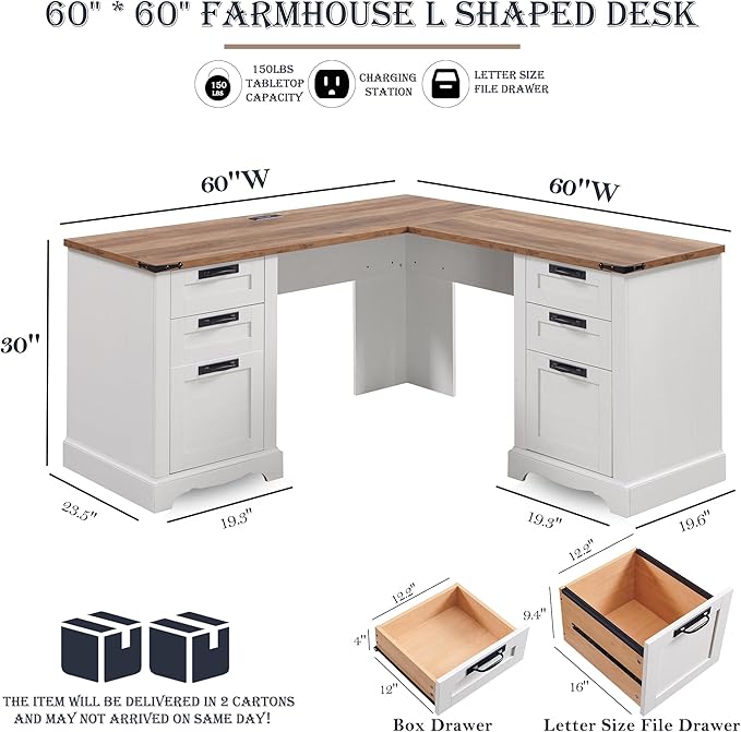 RedLemon 60 Farmhouse L Shaped Executive Desk with Drawers Wood Home Office Corner Desk with Charging Station File Drawer Storage Cabinet Rustic Computer Writing Desk (Antique White)