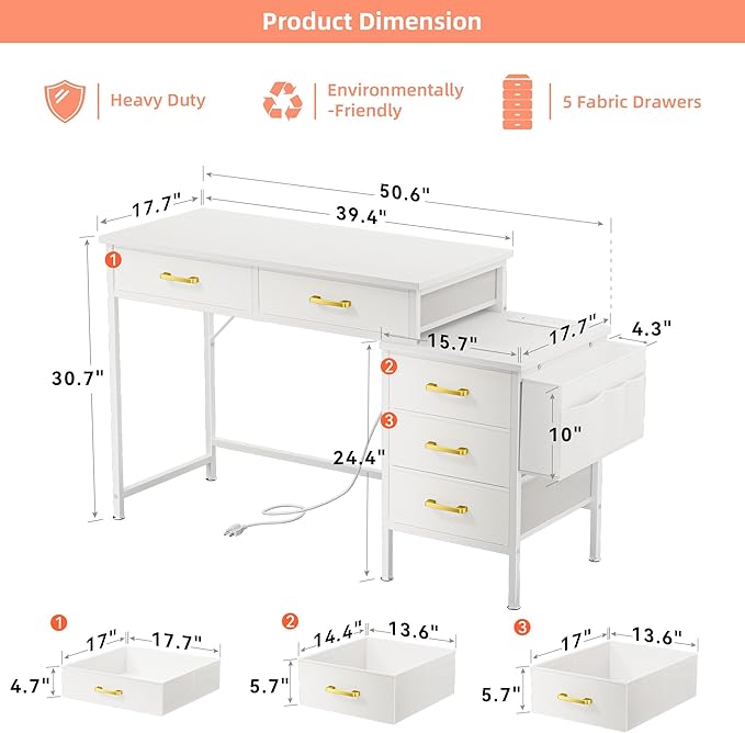 Computer Desk with Charging Station Home Office Desks with Printer Stand PC Table with 5 Fabric Drawers White Desk with Storage Vanity Desk for Small Space White