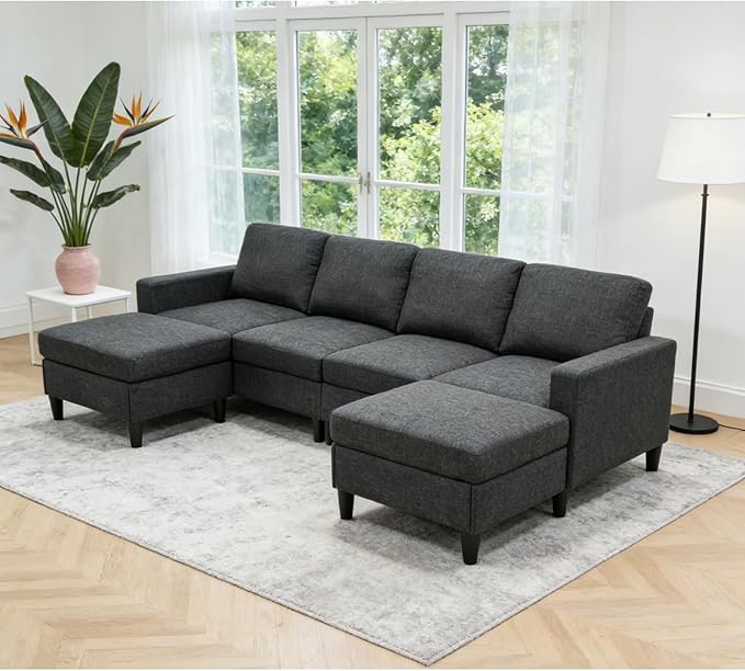 101 L-Shape Modular Sectional Couch Convertible Linen Couch with 2 Ottomans Modern 4 Seater Upholstered Modular Sectional Sofa for Apartment Living Room Charcoal Black