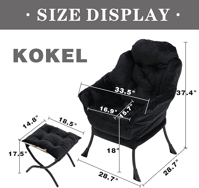 Kokel Lazy Chair with Folding OttomanLiving Room Chairs Accent Contemporary Lounge Chair Single Steel Frame Leisure Sofa Chair with Armrests and A Side Pocket (Black)