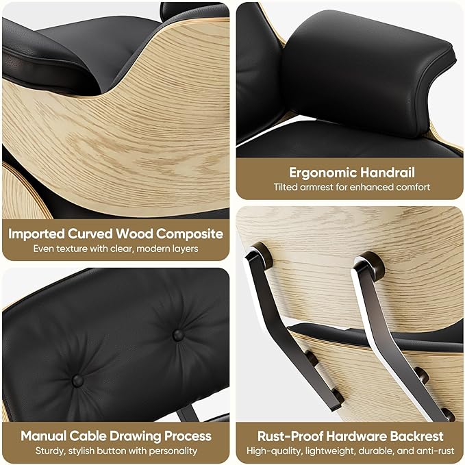 Top Black Grain Leather Mid Century Chaise Lounge Chair and Ottoman Modern Chair Classic Design Ash Wood Heavy Duty Base Support for Living Room Office