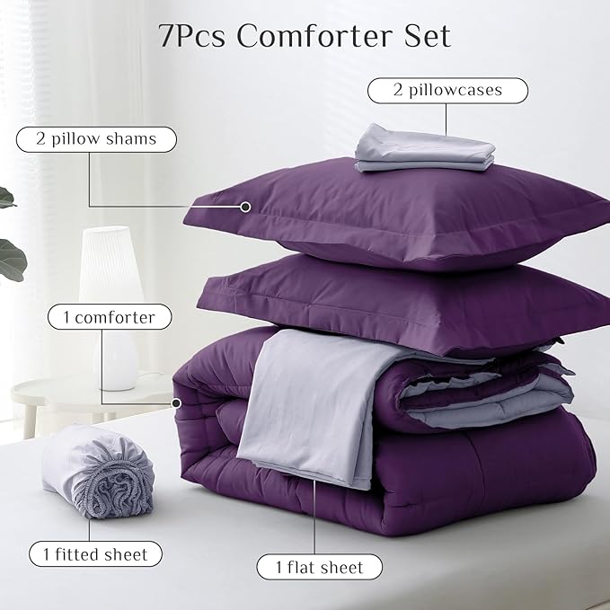 JOLLYVOGUE King Comforter Set Ultra-Soft Bed in a Bag King Size 7 Pieces Oeko-TEX Certified Bedding Set with Down Alternative Comforter Sheets Pillowcases &amp Shams Purple &amp Lavender