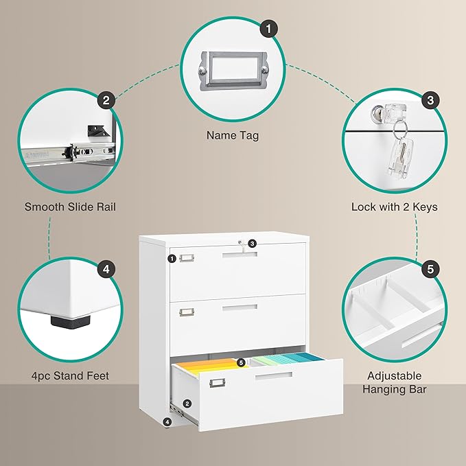 SISESOL 3 Drawer Lateral File Cabinet with LockWhite Lateral Filing CabinetHorizontal Metal Filing CabinetLocked Wide Three Drawer File Cabinet for Office HomeFit A4/F4/Letter/Legal File