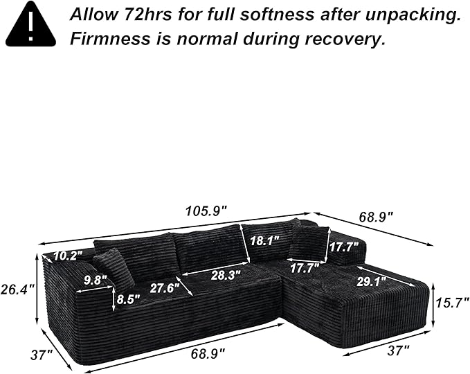 FUFU&ampGAGA 105.9” Modular Sectional Sofa with Chaise L-Shape Corduroy Cloud Couch with Pillows Modern Boneless Sofa for Living Room Apartment No Assembly Required Black 105.9”W x 68.9”D x 26.4