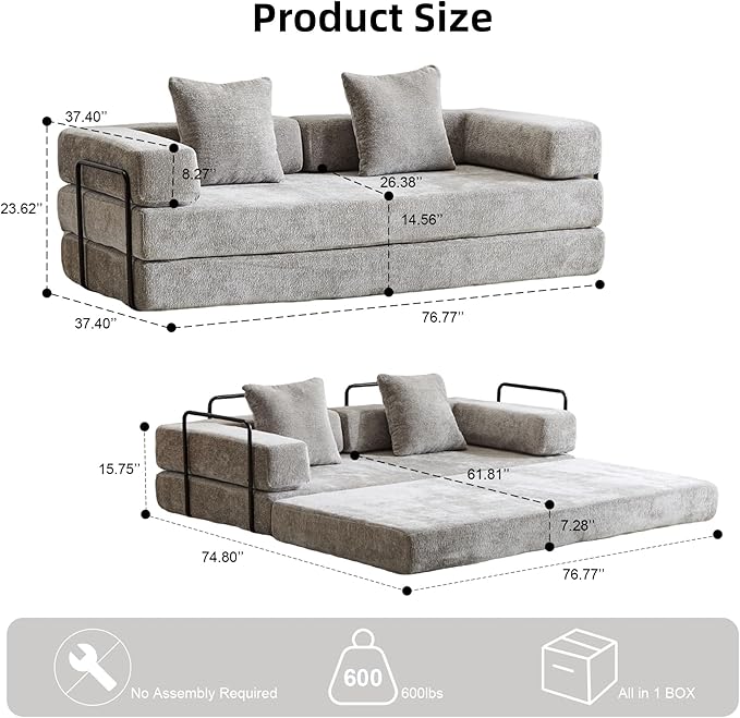 Convertible Floor Sofa Bed Fold Out Floor Couch with Pillow Back &amp Armrest Compressed Couch with Fixed-Shape Frame Chenille Foldable Sleeper Sofa Bed for Living Room Bedroom Light Grey