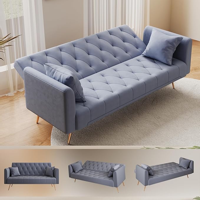 72Modern Velvet Sofa Bed FutonConvertible Folding Sleeper Bed Couches with 3 Adjustable BackrestsTufted Recliner Loveseat with Golden Chrome Legs for Small Living Room Office (Dark Grey+pillows)