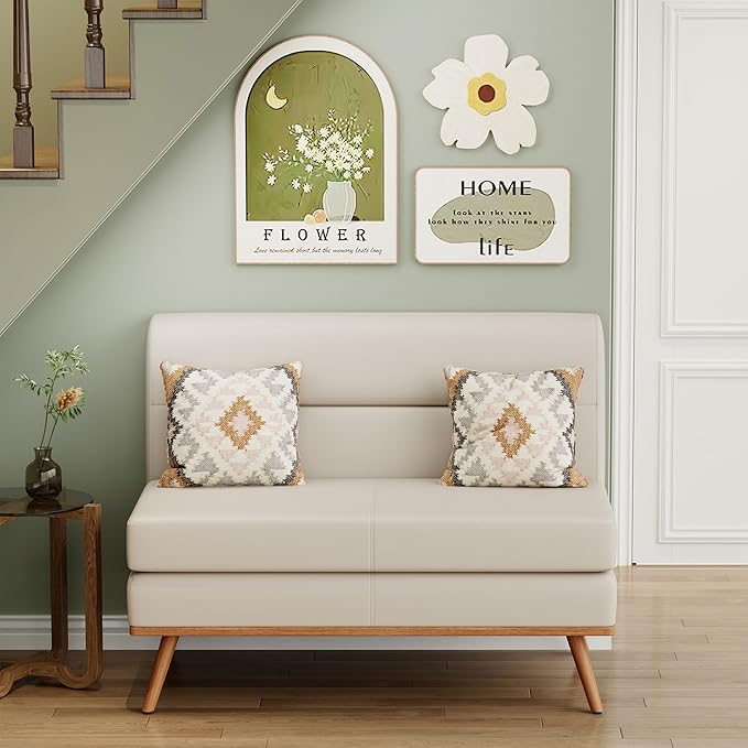 Aklaus Upholstered Small LoveseatFaux Leather Modern Mini Sofa Couch Love Seat Armless Settee Bench with Back for Living Room Bedroom Office Small Space Entryway Beige