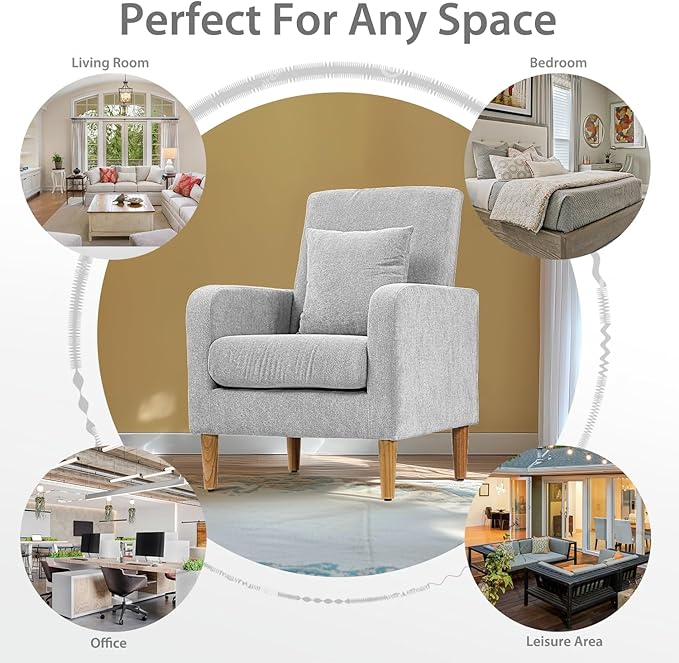 Upholstered Sofa Chair with Pillow Fabric Accent Armchair with Wooden Legs Comfy Lounge Chair for Living Room Bedroom or Office Supports up to 300 lbs (Gray)