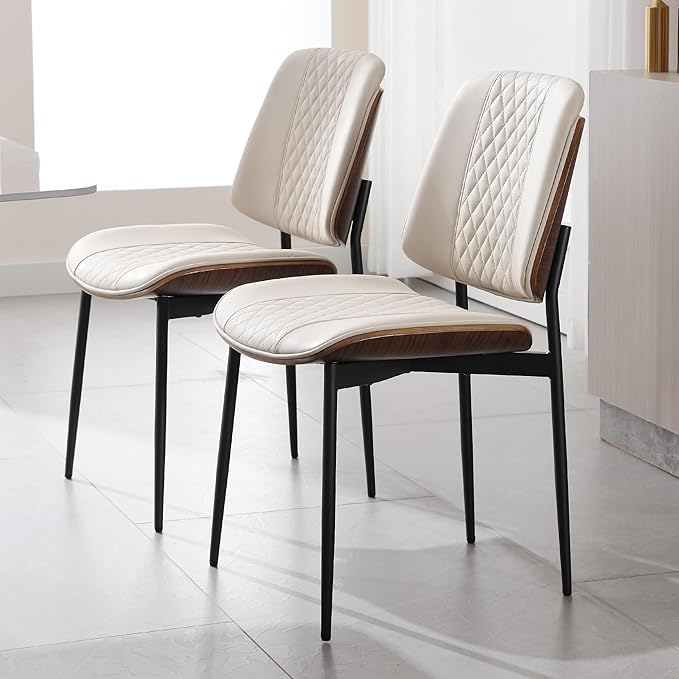 BV Dining Chairs Set of 2 PU Leather Armless Kitchen Chair in Modern Walnut Style Mid Century Bentwood Side Chair with Metal Legs Retro Accent Guest Chair for Kitchen Dining Room(Beige)
