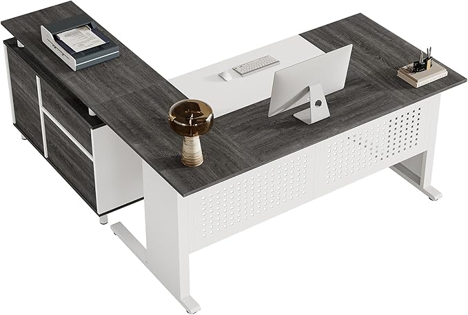 Tribesigns 63-Inch L-Shaped Executive Desk with Storage Shelves Large Office Computer Desk with Drawers and File Cabinet Industrial Business Workstation for Home Office Gray and White