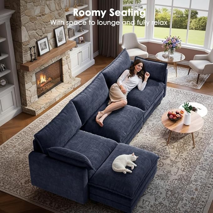 Marsail Modular Sectional Sofa 110.6 U-Shaped Modern Comfy Cloud Couch 5-Seat Chenille Deep Seat Sofa with Throw Pillow &amp Movable Ottoman for Living Room Bedroom and Apartment Navy Blue