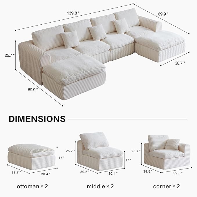 139 Oversized Sectional Couches for Living RoomU-Shaped Boneless Cloud Couch with Deep Seat and PillowsCompressed Sofa in a Box Suitable for Home &amp OfficeNo Assembly RequiredBeige