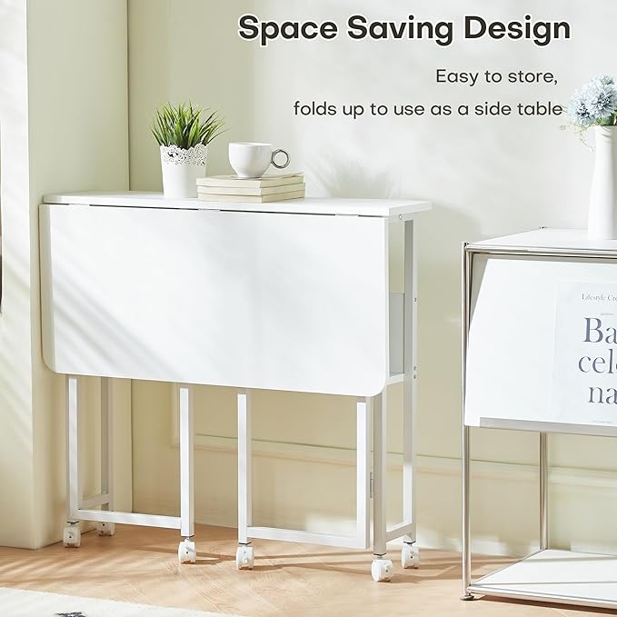 Small Folding Desk Rolling Table Portable Foldable Desk on Wheels Space Saving Computer Table Writing Workstation for Home Office Easy Assembly (White 22.8 D x 31.5 W x 29.53 H)