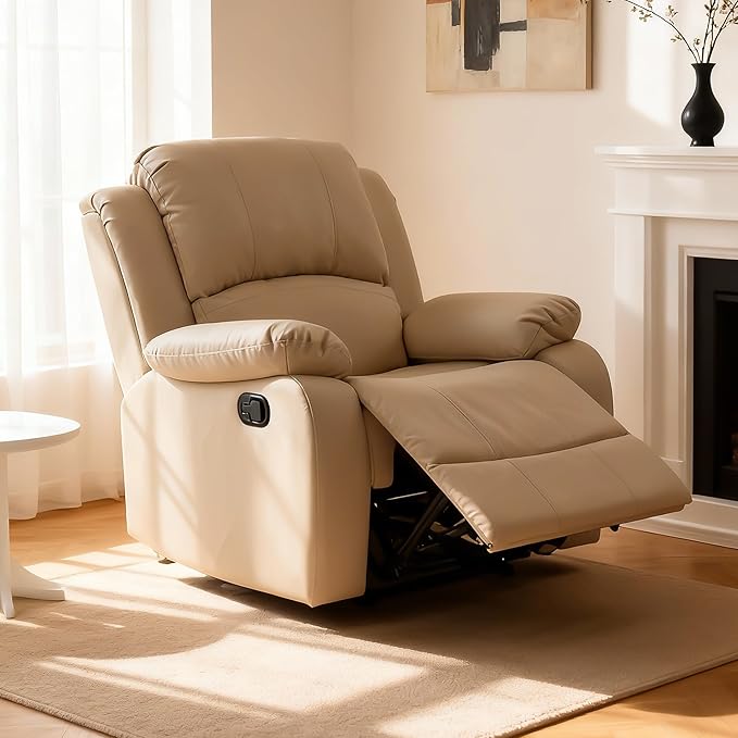 Manual Recliner Chair Lazy Boy Leather Recliner Perfect for Lounging in the Living Room Home Theater and Bedroom an Excellent Gift for Home Beige
