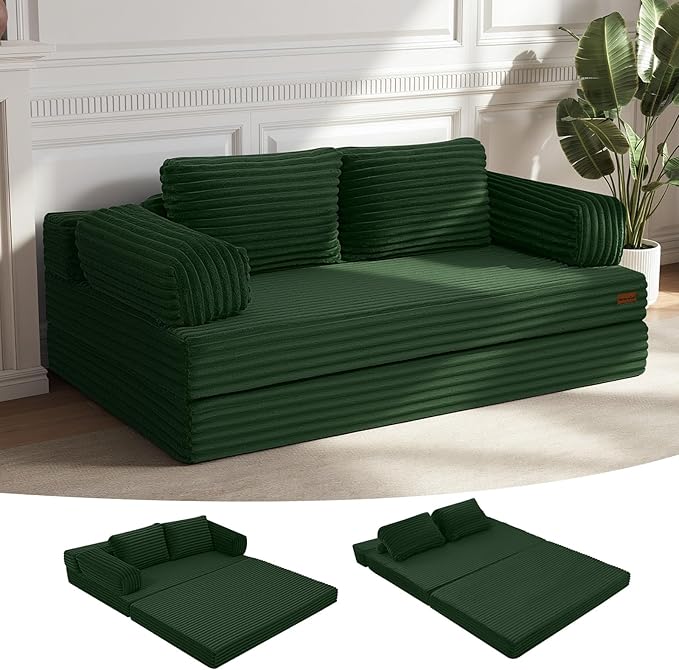 MeMoreCool Convertible Sofa Bed Folding Floor Couch Bed Queen Pull Out Sleeper Couch with Pillows Fold Out Futon Sofa for Bedroom Living Room Small Space Corduroy Beige