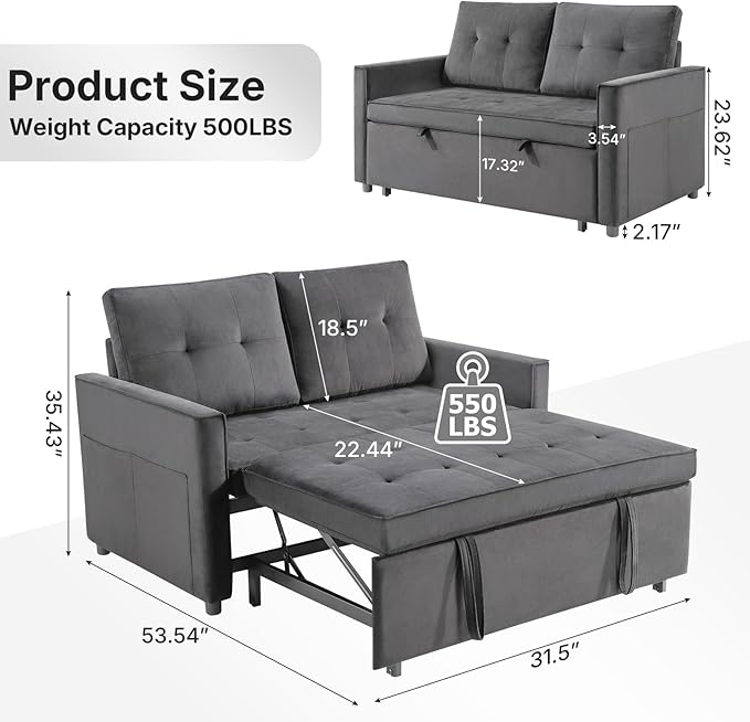 Rovibek 3-in-1 Velvet Sleeper Sofa Bed Convertible Pull Out Couch for Living Room with Adjustable Backrest Side Pockets Velvet Fabric Loveseat Sofa for Apartment Grey