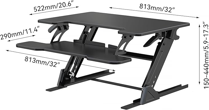 Standing Desk Converter 32 x 24 Inches - Height Adjustable Sit to Stand Riser with Keyboard Tray Ergonomic Workstation for Home Office Black