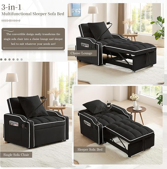 Convertible Sleeper Sofa Chair Bed 3 in 1 Velvet Single Small Futon Sofa Bed with Phone Holder &amp USB PortsPull Out Couch Recliner with Adjustable Backrest for Living Room Office Small Place(Bl
