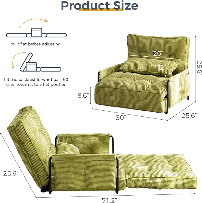 MAXYOYO Adjustable Floor Sofa Couch with Pillow Multi-Functional Bean Bag Bed 5-Position Foldable Lazy Sofa Sleeper Bed with Armrest Versatile Floor Seating for Reading Gaming Green Single