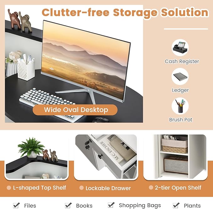 MAT EXPERT Reception Desk Front Desk with Open Shelves Lockable Drawer Round Tabletop Checkout Counter Retail Counter Computer Workstation for Office (White Cabinet &amp Black Desktop)