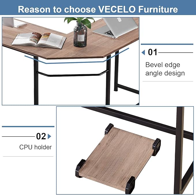 VECELO Corner DeskOffice Tables for Living Room for Small Space Triangle Computer Desk with Steel Frame Corner Shelves with Metal Frame Writing Desk for Workstation Classic White 66
