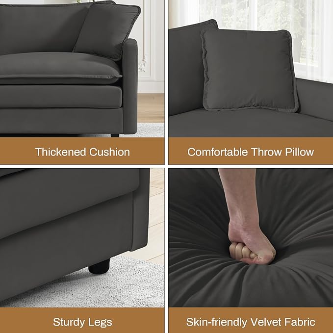 162.6 U Shaped Sectional Cloud Couch Oversized Comfy Grey Sectional Couches for Living Room Modular Couch Large Velvet Cloud Sofa with Console Bluetooth Speaker USB Ports Dark Grey