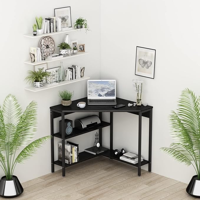 Auromie Corner Desk with Outlets &amp USB Ports 90 Degree Triangle Corner Table with CPU Stand &amp Storage Shelves for Small Space Computer Table with Charging Station for Home Office Bedroom (Bl