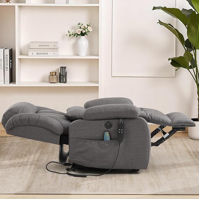 Infinite Position Lay Flat Lift Recliner Chair for Adults Dual Motor Power Lift Chair for Elderly with Massage &amp Heating USB Ports Remote Control &amp Lumbar Pillow Linen Fabric (Grey)