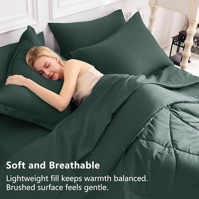 CozyLux Queen Comforter Set Forest Green - Bed in a Bag Queen Size 7 Pieces Luxury Soft Bed Set for All Seasons Bedding Set with Down Alternative Comforter Sheets Pillowcases &amp Shams