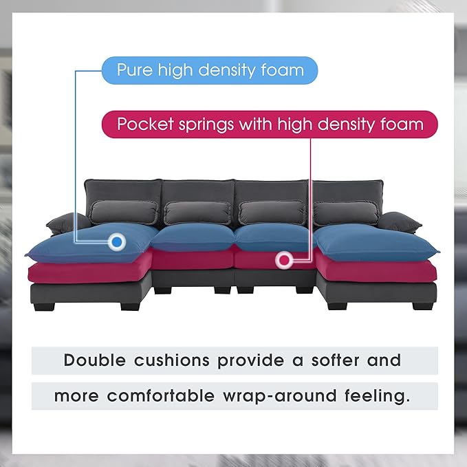 Modern U-Shaped Sectional Sofa with Waist Pillows6-seat Upholstered Sleeper Sofa Couch with Chaise Loungefor Living Room Office Apartment (Gray@Velvet)